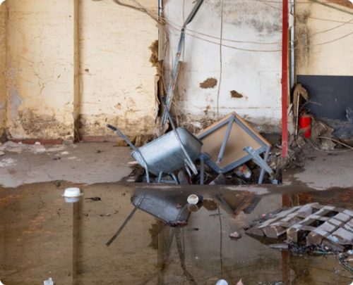 Flooded warehouse with debris, requiring water damage mitigation by Peak Fire & Flood in Denver