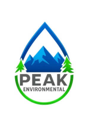 Logo with blue mountains inside a water droplet, green arrows, and text "PEAK ENVIRONMENTAL" below.